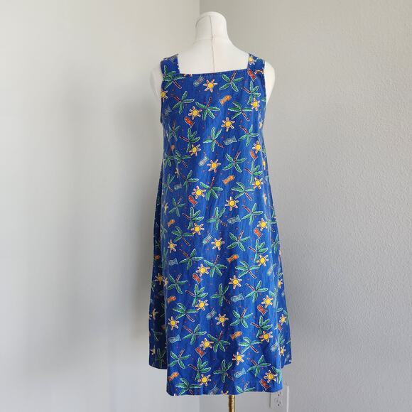 Vintage 80s/90s Blue Sundress Palm Tree Sun Fish Tropical Pattern Ring Straps M - Picture 7 of 10